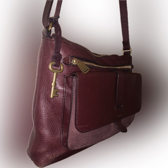 Fossil Kinley Leather Crossbody Pebbled Suede Flap Messenger Bag w Key Burgundy - Picture 2 of 14